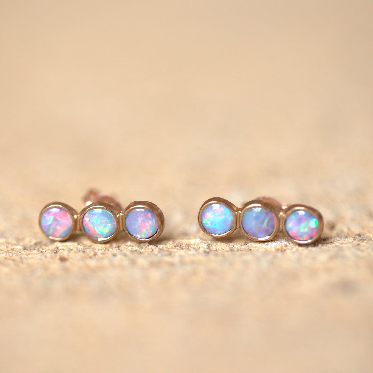 Pink Blue 3 Opal Rose Gold Studs